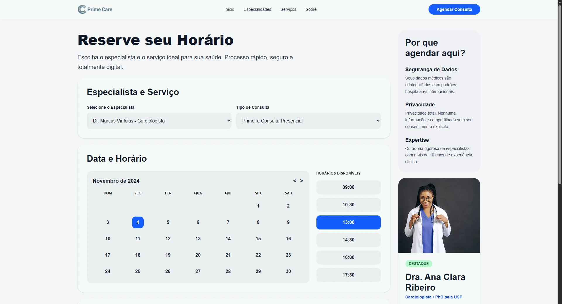 Tela de agendamento Prime Care